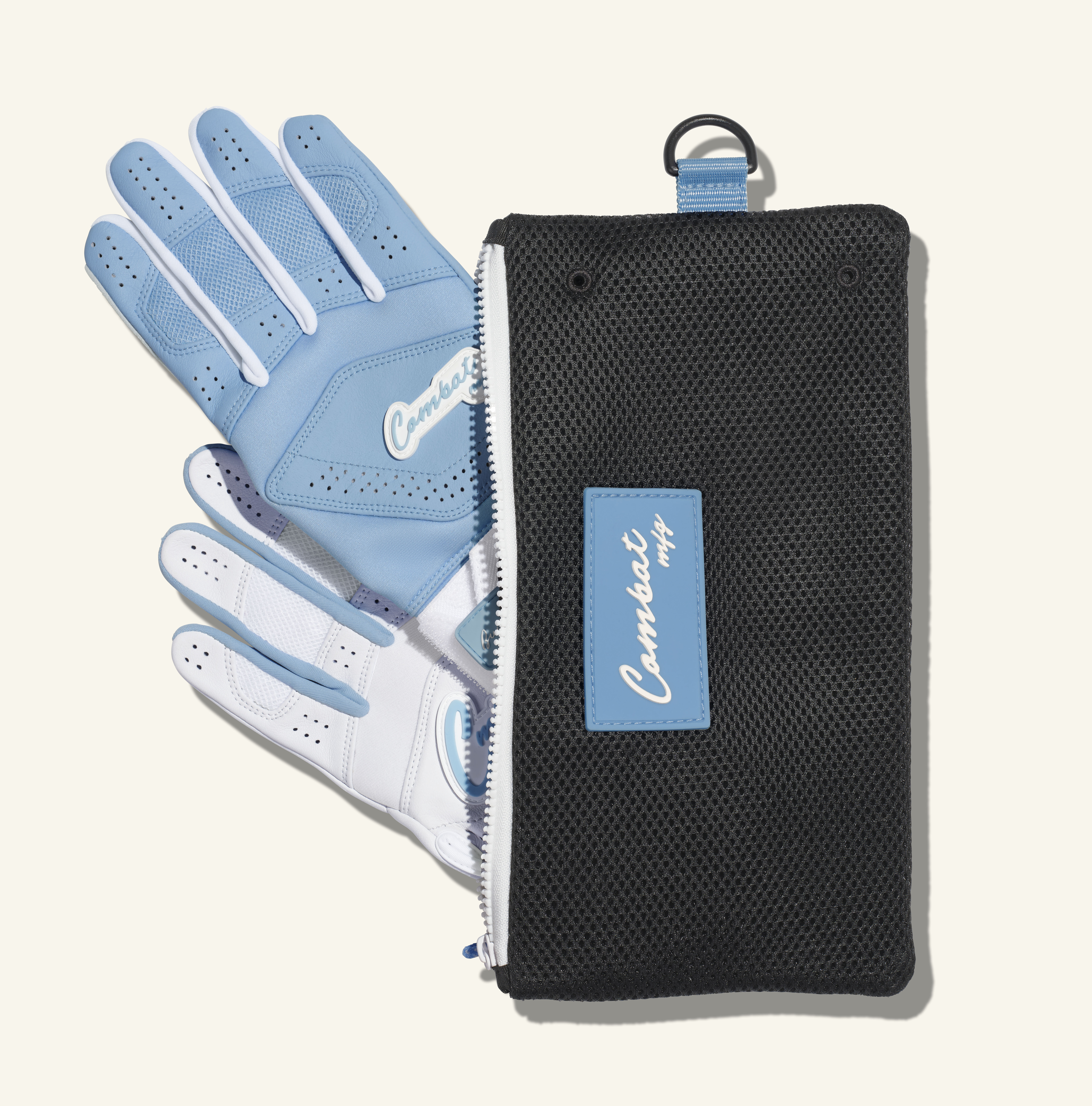 COMBAT MFG Yin Yang Long Strap Batting Gloves, White/Columbia Blue, Medium