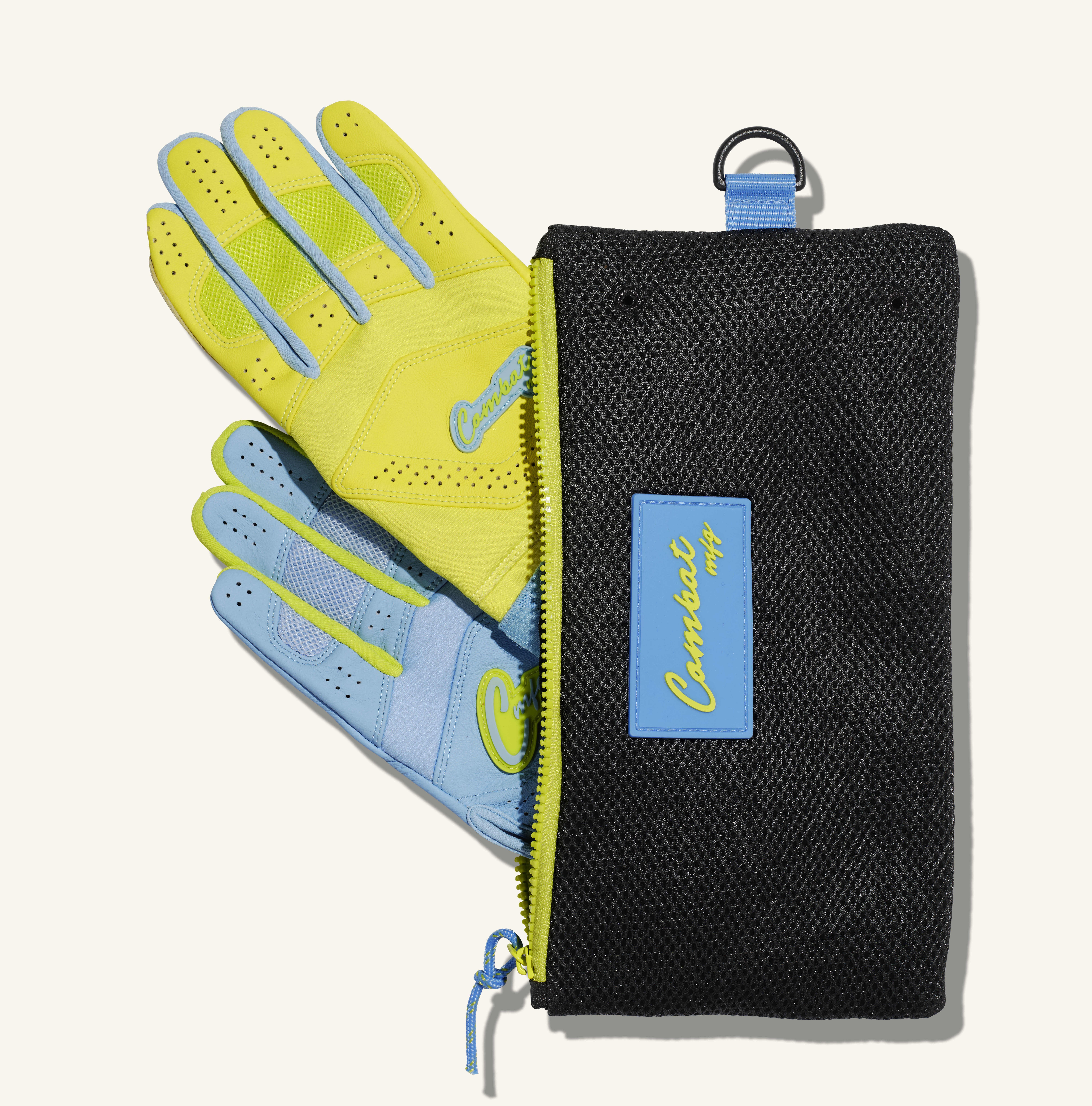 COMBAT MFG Yin Yang Long Strap Batting Gloves, Columbia Blue/Lemonade Blitz, Large